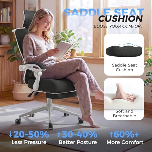 CYKOV Ergonomic Office Chair with Footrest - Adjustable Lumbar Support & Headrest, 90-135° Reclining Mesh Back Computer Chair - Home Office/Gaming, 350lbs Capacity