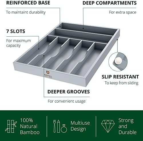 ROYAL CRAFT WOOD Luxury Bamboo Kitchen Drawer Organizer - Silverware Organizer - Utensil Holder and Cutlery Tray with Grooved Drawer Dividers for Flatware and Kitchen Utensils (7 Slot, Gray)