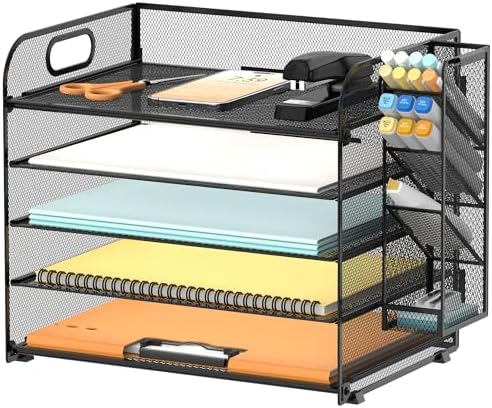 5-Tier Paper Organizer for Desk with Pen Holders, Letter Trays, Black