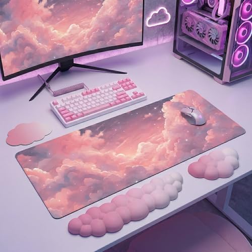 Pink Cloud Large Mouse Pad for Desk Cloud Keyboard Wrist Rest 4PCS Extended Cloud Desk Mat Pad Set Memory Foam Non-Slip Ergonomic Cute Gaming Mouse Pad Wrist Support for Computer Laptop Home Office