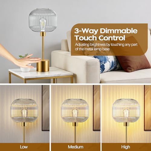 Glass Table Lamp for Living Room, Modern Gold Clear Bedroom Bedside Lamp