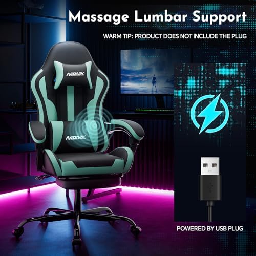 Gaming Chair, Ergonomic Computer Chair with Footrest and Lumbar Support, Height Adjustable Game Chair with 360°-Swivel Seat and Headrest and for Office or Gaming BLACKMINTGREEN