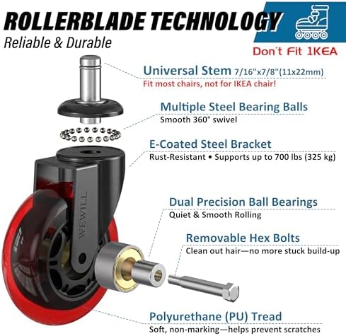 WEWILL Office Chair Wheels - Rubber Casters Replacement Universal Fit 98% Chair(Set of 5) Heavy Duty 3 Inch Smoothly & Quietly Safe for All Floor, Hardwood, Tile, Carpet, Noise Free - Red