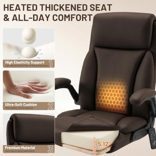 Heated Office Chair, Reclining Desk Chair with Constant Warm Heat, Big and Tall Executive PU Leather Chairs for Heavy People, Ergonomic Wider & Thicker Seat Cushion Gaming Chairs (Dark Brown)