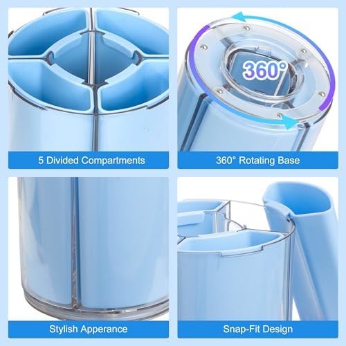 Comix 360° Rotating Pen Holder for Desk, Blue Pencil Holder with 5 Slots
