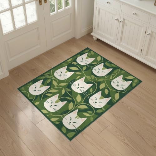 3'x5' Green Cat Forest Faces Interlinked by Washable Accent Rug
