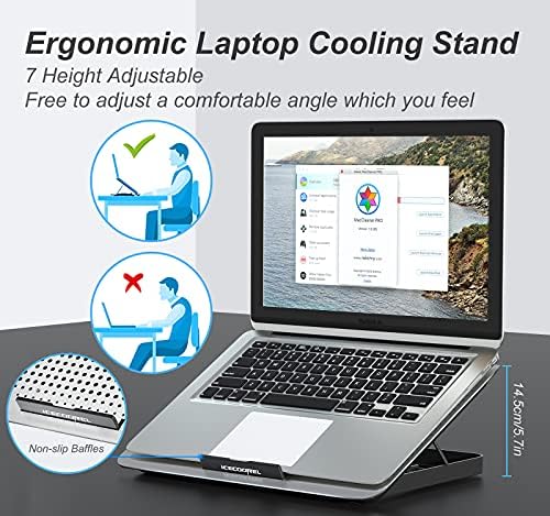 ICE COOREL Aluminum Laptop Cooling Pad, Laptop Cooler Stand with 7 Height Adjustable, Laptop Fan Cooling Pad for Laptop 12-15.6 Inch, Notebook Cooler Pad with Two USB Port (Silver)