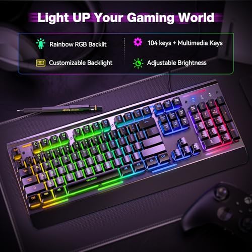 TECKNET Wired Gaming Keyboard, RGB Backlit Keyboard with Metal Panel Design
