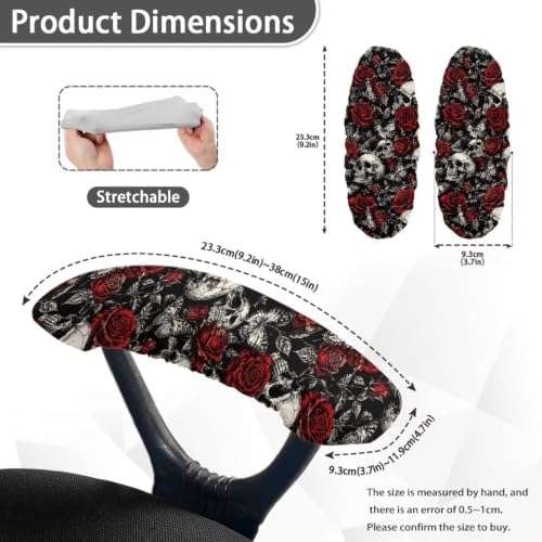 Skull Rose Butterfly Printed Office Desk Chair Arm Covers Protectors, Soft Stretch Computer Gaming Chair Armrest Covers with Elastic Edge, Universal Fits, Set of 2