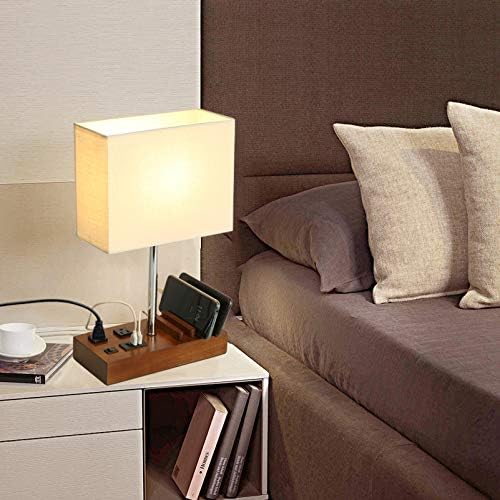 Briever USB Table Lamp, Multi-Functional Desk Lamp with 2 AC Outlets, Bedside Lamp with 3 USB Charging Ports and Wooden Phone Stands, Nightstand Lamp for Bedroom, Livingroom, Office, Walnut Wood
