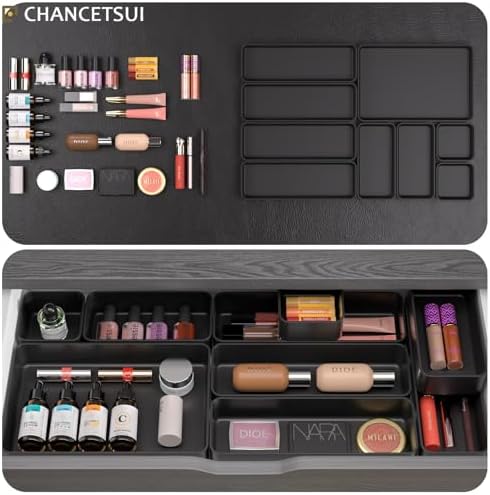 Black Bathroom Drawer Organizer Trays: 9 PC Stackable Desk Organizers Bin