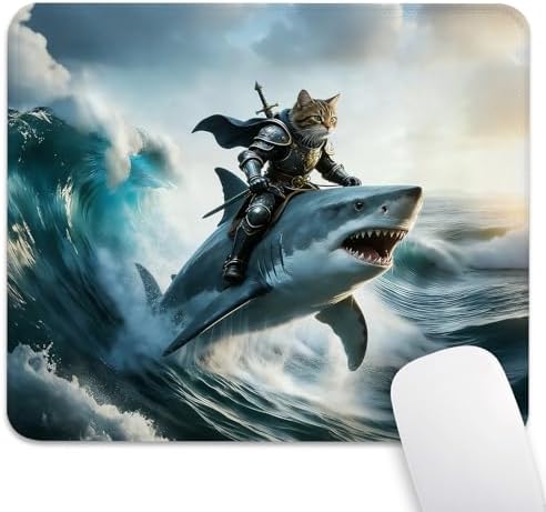 Cat Knight Riding a Shark Mouse Pad, Funny Fantasy Surfing Scene Desk Mat