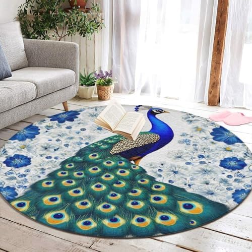 Fashion Round Area Rug Large Non Slip Carpet Unisex Home Decor Mat Vintage Botanical Peacock