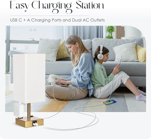 Bedside Lamp with USB Ports - Touch Control Table Lamp for Bedroom with USB C+A Ports & AC Outlets, 3 Way Dimmable Nightstand Light with Pleated Shade for Living Room(Bulb Included)