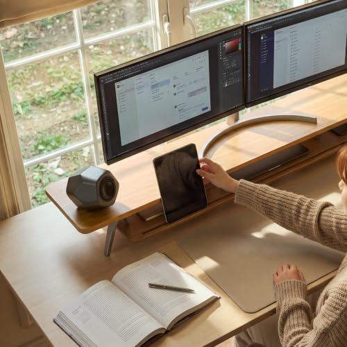 Fenge Dual Monitor Stand Riser, Wooden Desk Shelf with 2-Tier Storage
