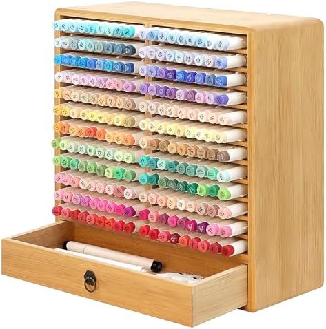 Marker Organizer, 24 Slots Wooden Storage for Up to 216 Markers with Drawer