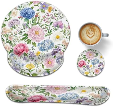 Watercolor Floral Keyboard Wrist Rest Pad Ergonomic Mouse Pad Set,Wildflowers 3 in 1 Memory Foam Mouse Pad with Non Slip Base for Office and Home