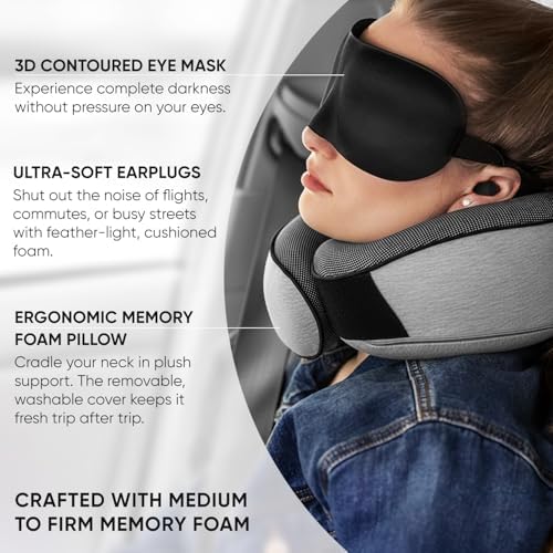 Proglobe Travel Neck Pillow for Airplanes, Long Haul Flight Kit, Grey