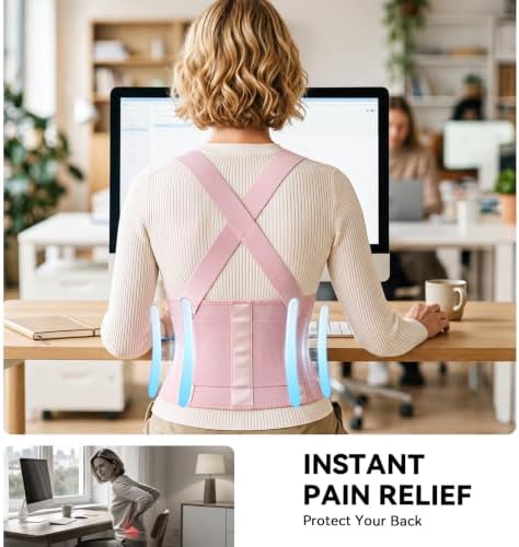 Work Back Brace for Men & Women, Adjustable Lower Back Support Belt for Sciatica, Herniated Disc, Pain Relief, Moving Construction Warehouse Heavy Lifting Safety & Protection (Pink, Small)