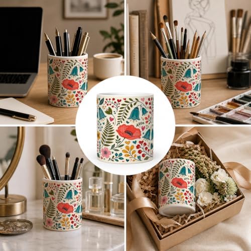 Pen Holder for Desk Ceramic Pencil Cup, Cute Makeup Brush Desk Organizer, Desk Accessories, School Supplies, Teacher Appreciation Gifts, Birthday Christmas Gift for Women (Red-Flower)