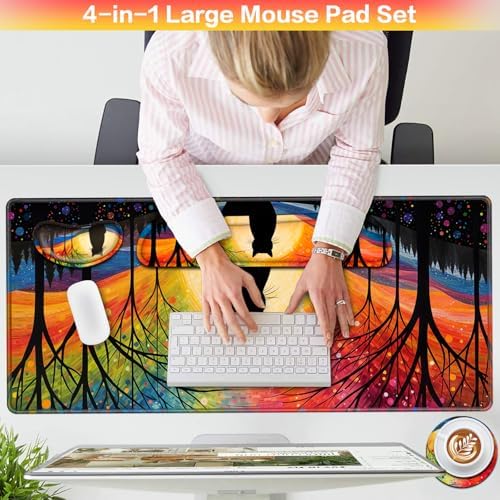 Mouse Pad with Wrist Rest Black Cat, 4-in-1 Large Mousepad Keyboard
