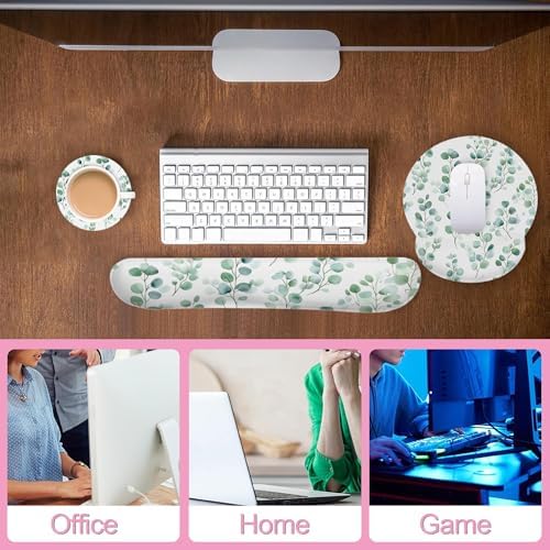 Eucalyptus Leaf Boho Ergonomic Wrist Support Keyboard Mouse Wrist Rest Set, Computer Office Comfortable Wrist Rest for Mouse Easy Typing