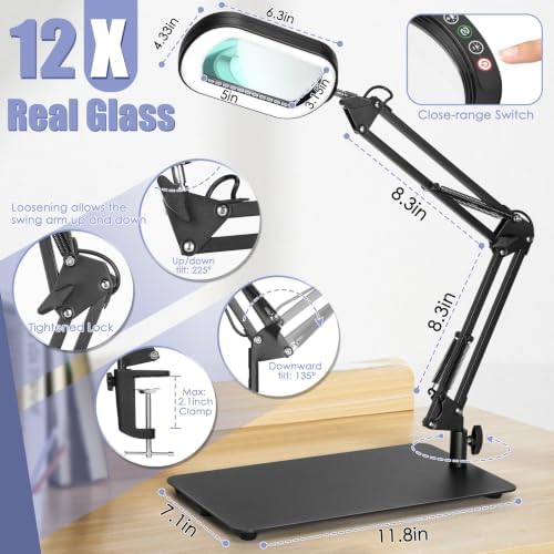 Drdefi 12X Square Magnifying Glass with Light and Stand, Real Glass LED Lighted Magnifier, 5 Color Modes Stepless Dimmable, Hands-Free Mag Desk Lamp with Clamp for Reading Craft Hobby Close Work Black