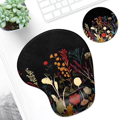 ITNRSIIET Ergonomic Mouse Pad Coaster Set with Gel Wrist Support Wrist Rest Smooth Surface Non-Slip PU Base Comfortable Office Supplies Pain Relief, 9.5 x 8.3 inches, Pretty Flowers Plants