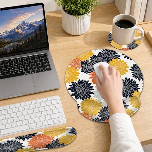 Keyboard Wrist Rest Pad Ergonomic Mouse Pad Set,Vintage Orange Black Dehlia Flowers 3 in 1 Memory Foam Mouse Pad with Non Slip Base for Office and Home