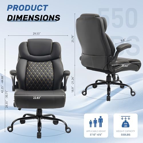 500LBS Big and Tall Executive Office Chair with Adjustable Lumbar Support,Extra Wide Seat for Ergonomic Computer Desk Chair Flip-up Arm,Home Office Chair Spring Cushion Upgraded Metal Base, PU Black