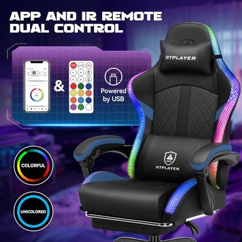 GTPLAYER RGB Gaming Chair with Speakers, Computer Gamer Chair with Footrest and LED Lights, PC Gamer Chairs for Adults, High Back Reclining Office Chairs, Linkage Armrest (Blue, with Speakers)