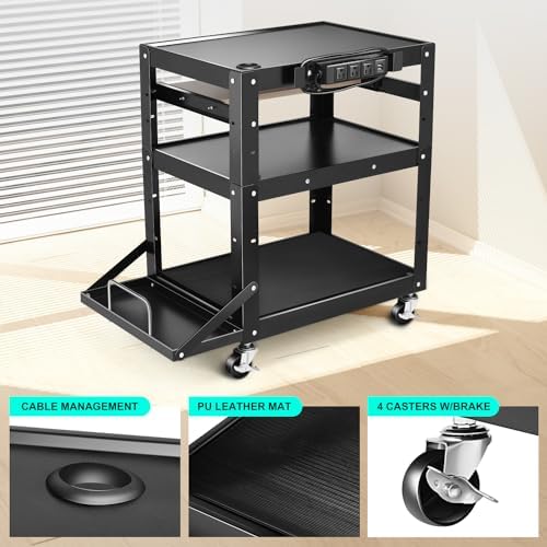 DNA Motoring Steel AV Cart 3-Layer Rolling Projector Utility Cart, 24" X 18" X 20" - 30.5" Height Adjustable, with Wheels, Pullout Keyboard Tray, Power Strip, Cord Management, TOOLS-00495