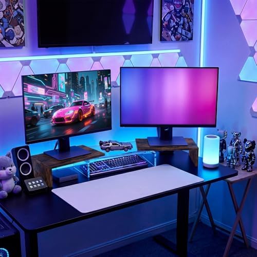 Dual Monitor Riser, Acrylic Monitor Riser, Adjustable Angle & Length Computer Monitor Stand, Wide Desk Shelf for Top of Desk for Home Office_Wood Look Small