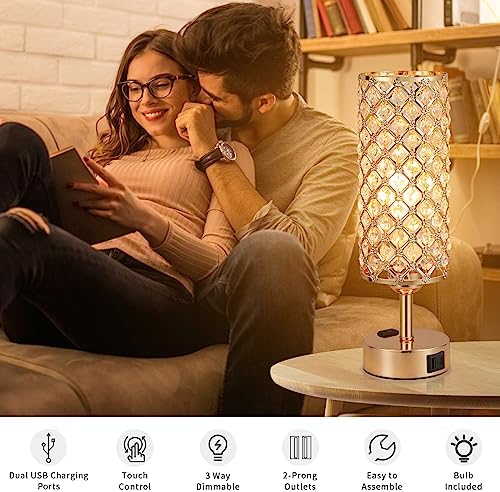 Hong-in Gold Lamps Set of 2, Dimmable Gold Lamps for Nightstand with USB-C+A & AC Charging Ports, 3-Way USB Crystal Lamp, Bedside Desk Light for Bedroom Living Room Home Office(Bulb Included)
