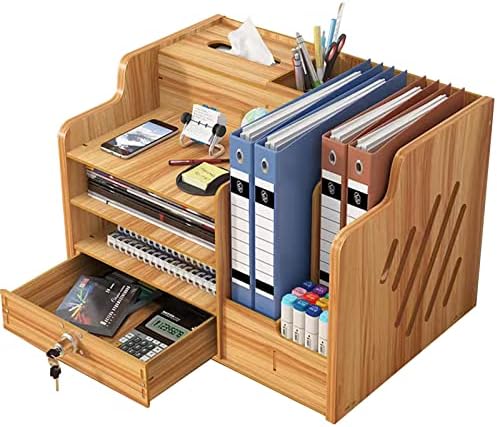 Bamboo Desk Organizer, Desktop Wood Bookshelf File Organizer, Pen Holder and Tissue Holder, 1 Drawer with lock for Office, Home, Need to Install(Cherry Wood)