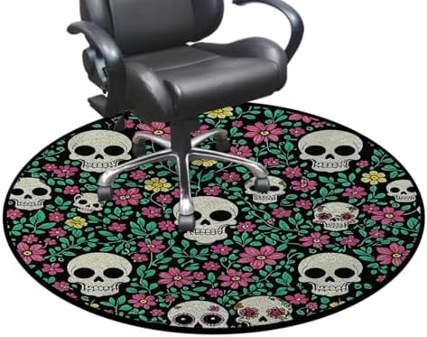 Dark Romantic Skull Anti-Slip Gaming Chair Mat for Hardwood Floors, Gothic Nature Design Rubber Floor Protector for Computer & Gaming Chairs, Green Diameter 43.3 in