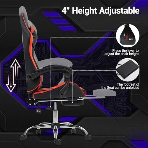 Massage Gaming Chair with Footrest，Ergonomic Video Game Chair for Adults Kids, Adjustable Headrest & Lumbar Support, 90-135° Recline, 360° Swivel, for Gaming Room Home Office Bedroom, Red