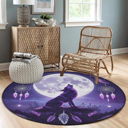 Large Machine Washable Circular Rugs, Home Decor Round Mat for Living Room Sofa Office Native Dream Catcher American Wolves