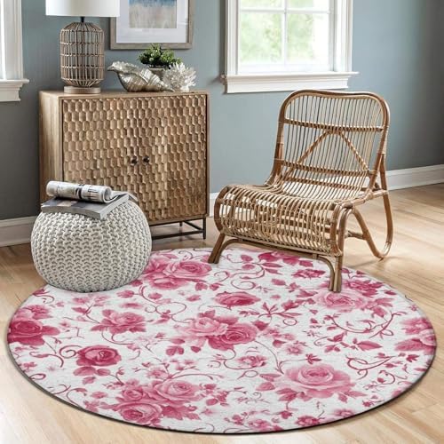 Large Home Decor Mat, Soft Round Yoga Carpet, Non Slip Machine Washable Home Office Circle Rug Pink Flowers Rose Floral