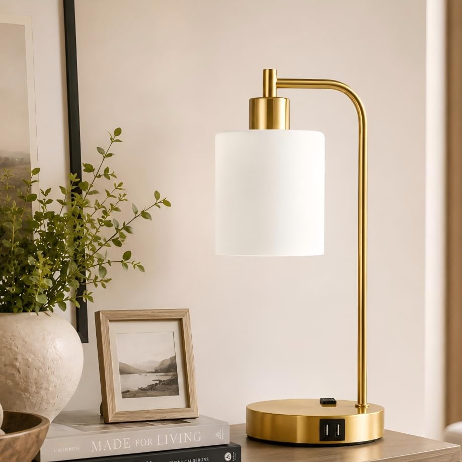 Set of 2 Industrial Touch Control Table Lamps with 2 USB Ports and AC Outlet - 3-Way Dimmable Gold Bedside Lamps Nightstand Desk Lamps for Bedroom Living Room, Opal Glass Shade & 2 LED Bulbs Included