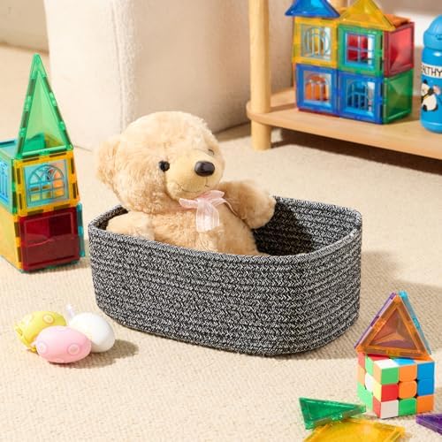 MiniArk Small Storage Baskets for Organizing | Closet Organizer Bins | Shelf Toy Basket | Woven Rope Baskets | Cube Decorative Box | Shallow Basket | 11.5x7.5x4.7” | 3 Packs Dark Gray