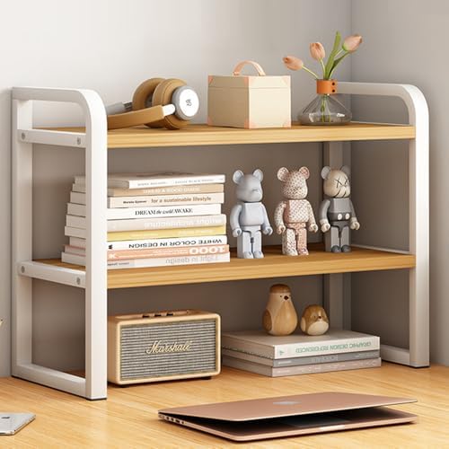 Office Desk Shelf Organizer, Wood Desktop Bookshelf Supplies Storage Rack, Shelf for Top of Desk and Dresser and Cubicle Decor Aesthetic Bookshelf (White Wood, Two Tier 19.69 Lx7.87 Wx15.16 H)