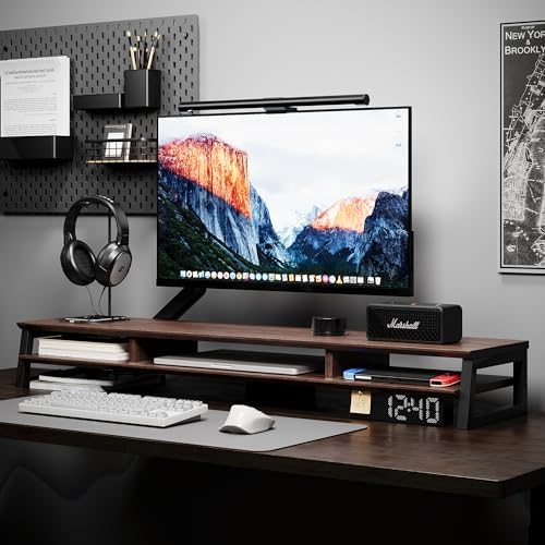 Dual Monitor Stand Riser for Desk, 41.7 Inch Large 2 Tier Computer Monitor Stand for 2 Monitors, Desktop Storage Organizer Shelf with Keyboard Space for Laptop PC Printer Brown