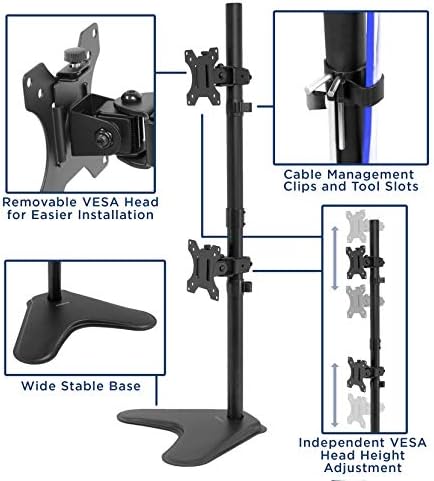 Mount-It! Vertical Dual Monitor Stand, Freestanding Stacked Monitor Mount for 2 Screens 17–32", Height Adjustable, Tilt Swivel Rotate, Portrait or Landscape, Holds 17.6 lbs per Arm, No Desk Clamp Needed