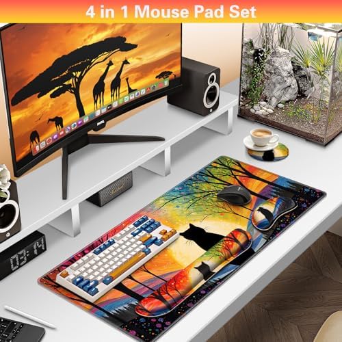 Canjoy Desk Mat with Wrist Rest, Anime Black Cats Keyboard and Mouse Pad