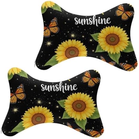 2 Pcs Car Neck Pillow Monarch Butterfly Sunflower Breathable Removable Cover Headrest for Driving Office Rest
