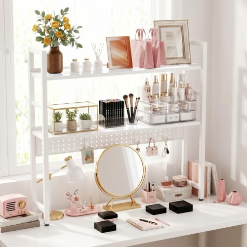 Brakki 2-Tier Desk Shelf, Desk Hutch Bookshelf with Pegboard and Hook Dorm