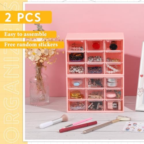 Wenqik 2 Pcs Mini Storage Drawers with 9 Clear Drawers, Pink