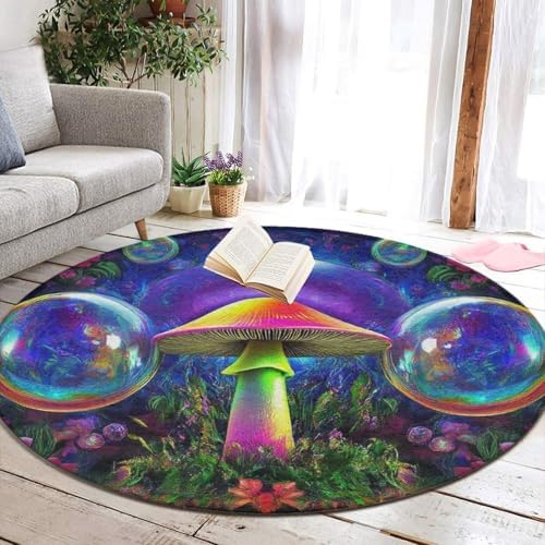 Large Round Area Rug Home Decor Modern Bathroom Rug Kitchen Office Circle Rug for Living Room Sofa Circle Cute Mat Trippy Magic Mushrooms Art, 36inch