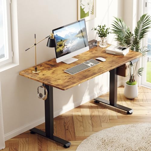 Veken 55 Inch Large Electric Standing Desk, Gaming Table, Brown | Height Adjustable Sit Stand Up Computer Tables for Home Office, Study , Writing, Suit students, employees and group work